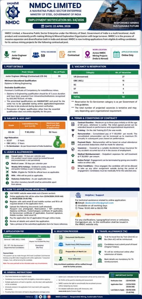 NMDC Junior Engineer (Mining) Recruitment 2026